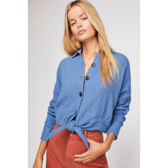 Free People Sunstreaks tie front top blue cotton Women's size large - Picture 2 of 9